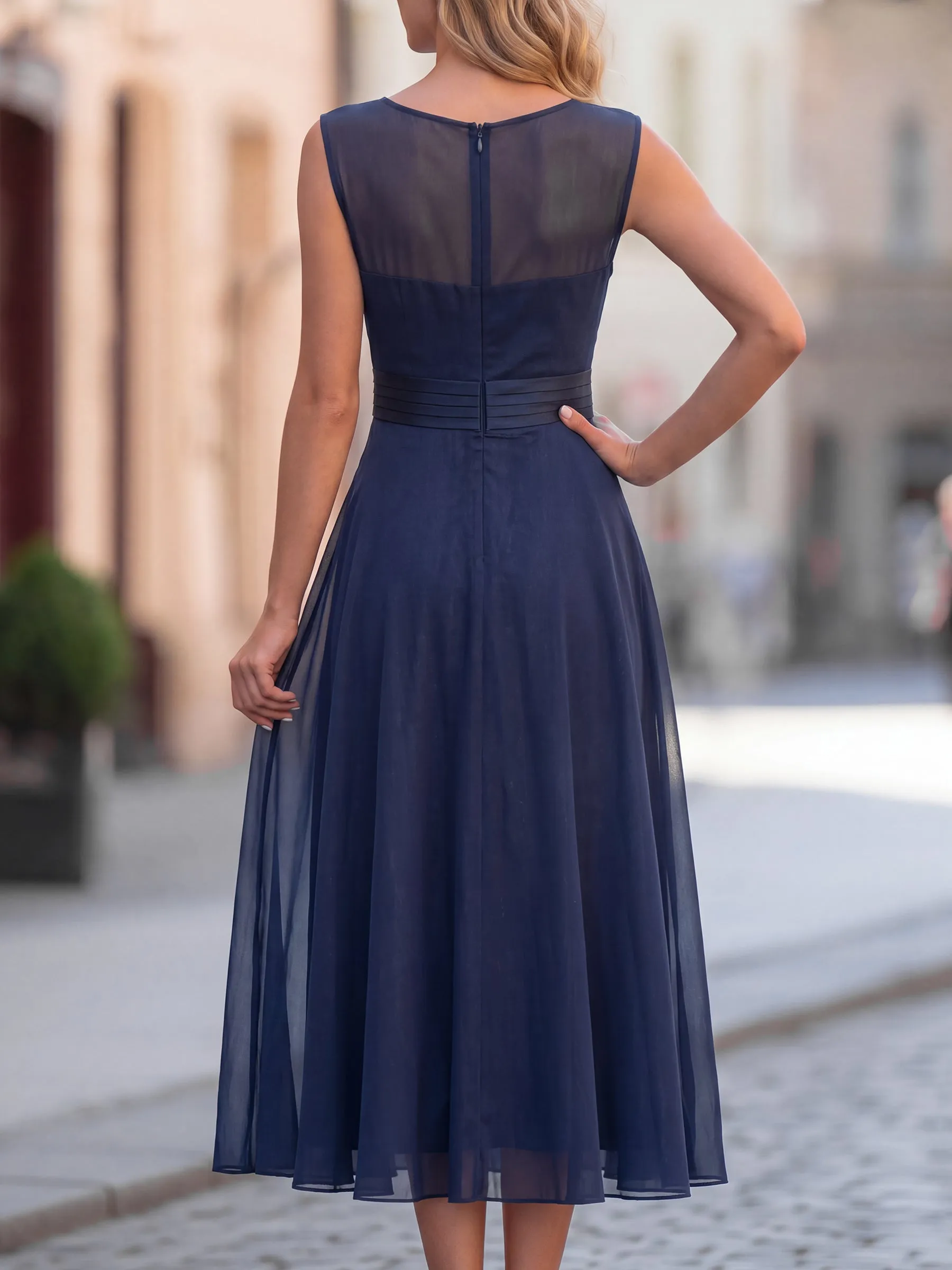 Sheer Mesh Yoke Sleeveless Chiffon Midi Dress sold by Mooyius product image thumbnail 2
