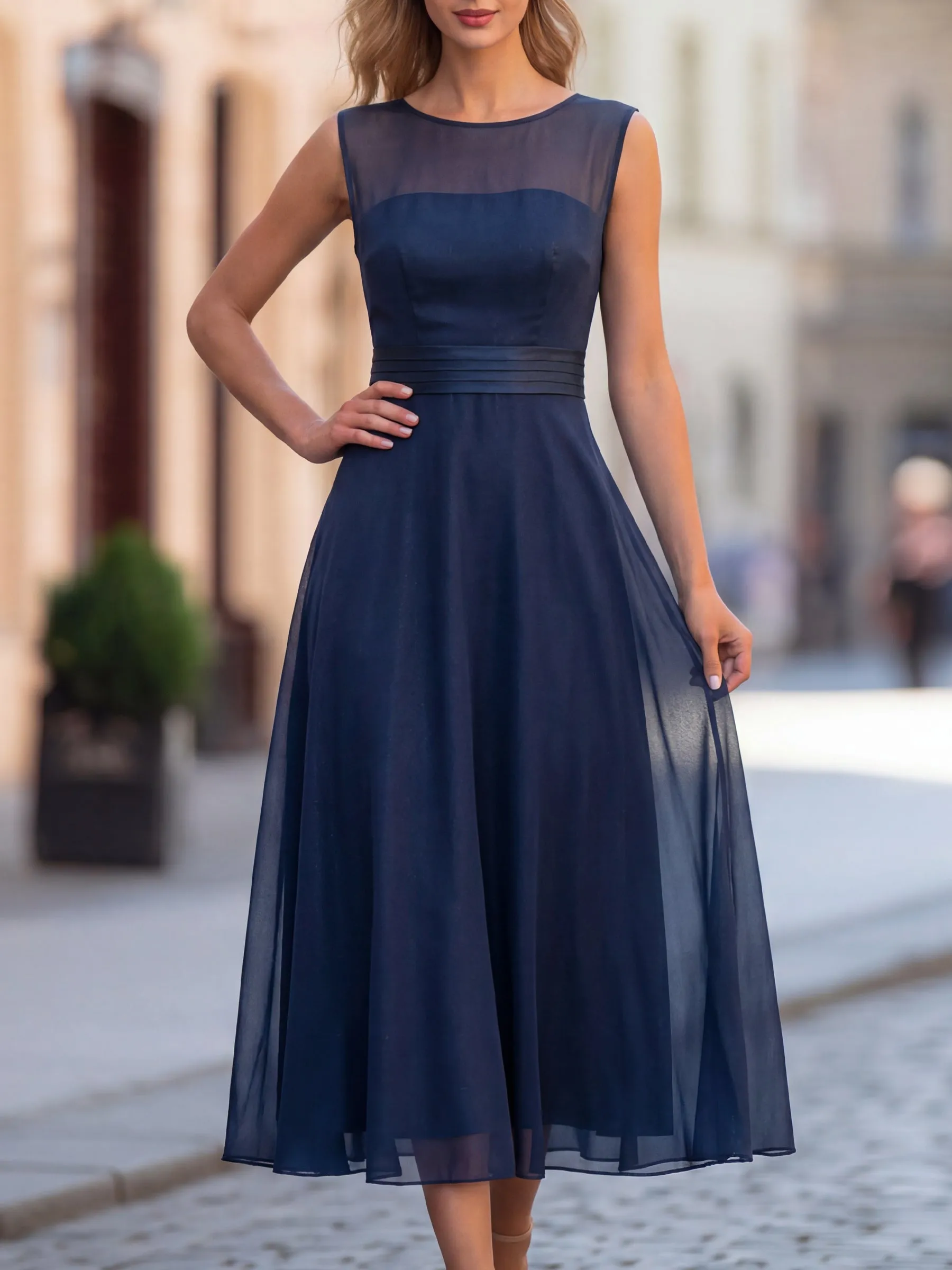 Sheer Mesh Yoke Sleeveless Chiffon Midi Dress sold by Mooyius