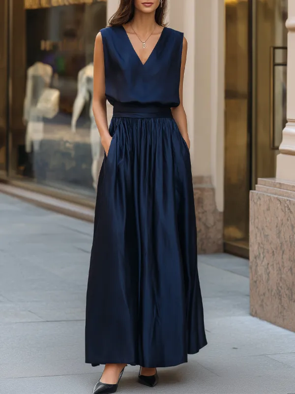 Draped V-Neck Sleeveless Satin Maxi Dress made by Mooyius
