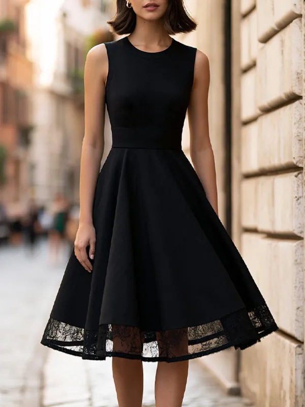 Elegant Sleeveless Black Midi Dress With Lace Hem made by Mooyius