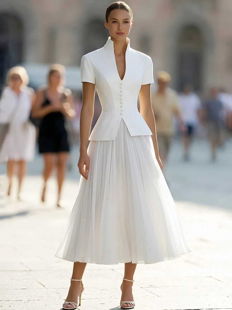 Sleeveless Double-Breasted Peplum Top With Pleated Skirt Set sold by Mooyius product image thumbnail 2