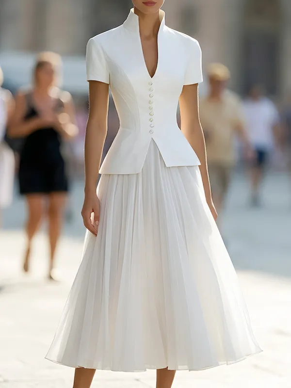 Sleeveless Double-Breasted Peplum Top With Pleated Skirt Set made by Mooyius