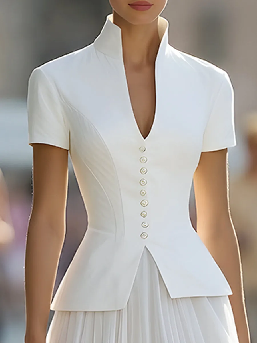 Sleeveless Double-Breasted Peplum Top With Pleated Skirt Set sold by Mooyius product image thumbnail 4