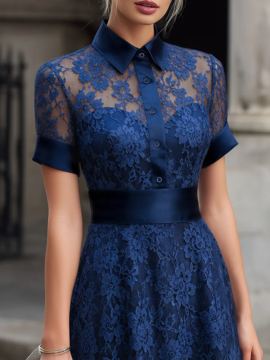 Elegant Floral Lace Shirt-Collar Midi Dress sold by Mooyius product image thumbnail 2