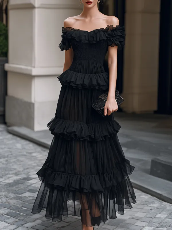 Off-Shoulder Tiered Ruffle Smocked Maxi Dress made by Mooyius