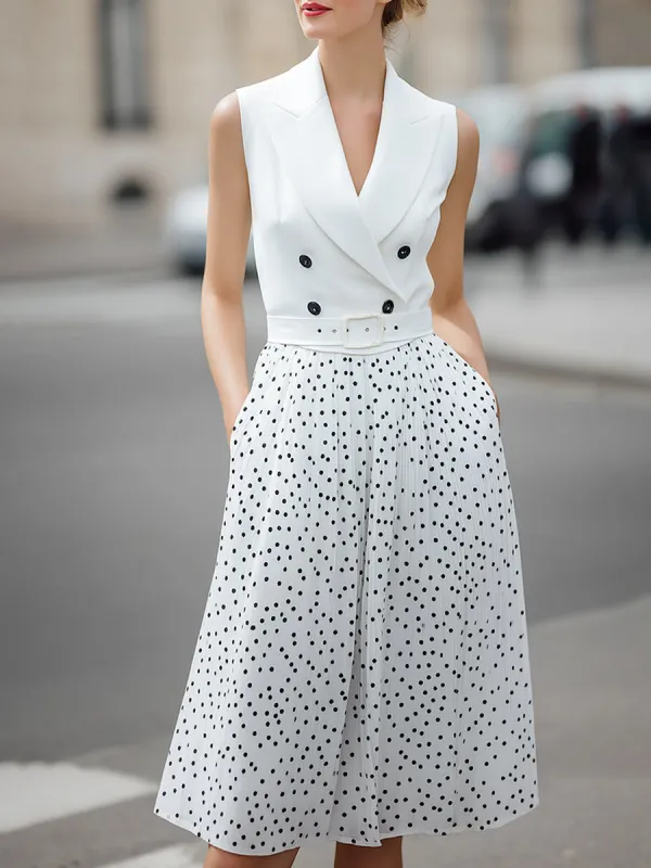 White Sleeveless Polka Dot Midi Dress With Belt made by Mooyius