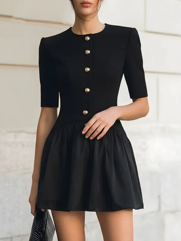 Structured Button-Front Short-Sleeve Mini Dress With Sculpted Waist made by Mooyius