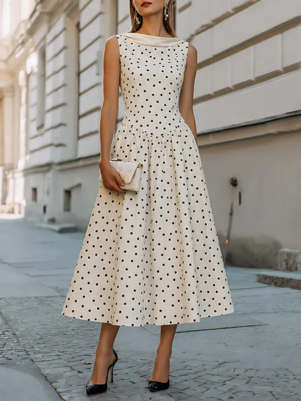 Sleeveless Polka-Dot Midi Dress With Sculpted V-Waist And Cowl Neck made by Mooyius