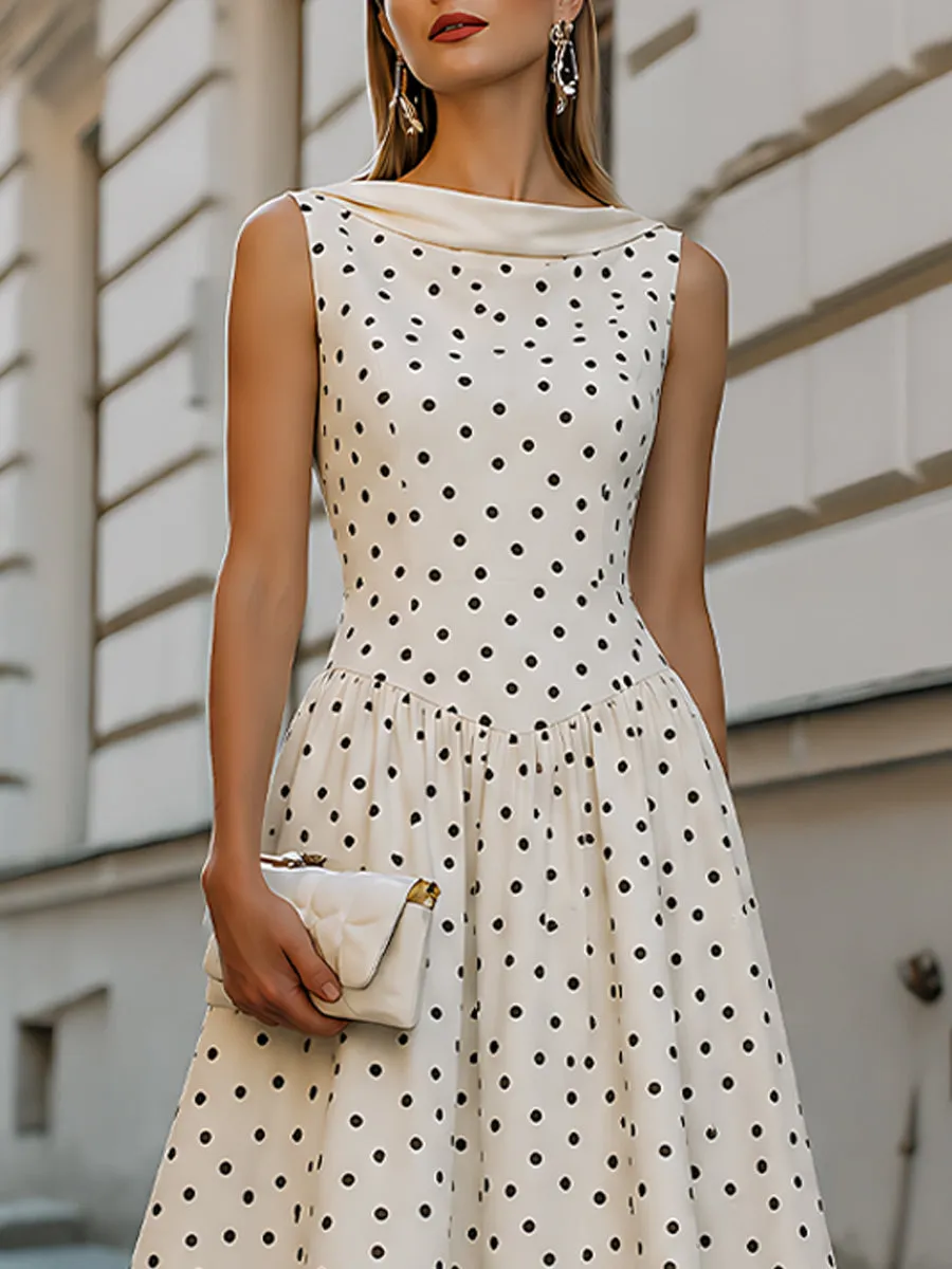 Sleeveless Polka-Dot Midi Dress With Sculpted V-Waist And Cowl Neck sold by Mooyius product image thumbnail 3
