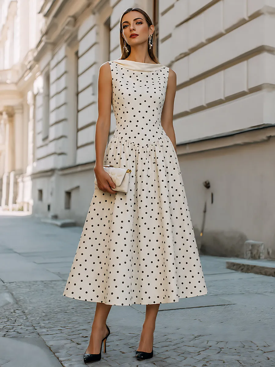 Sleeveless Polka-Dot Midi Dress With Sculpted V-Waist And Cowl Neck sold by Mooyius product image thumbnail 2