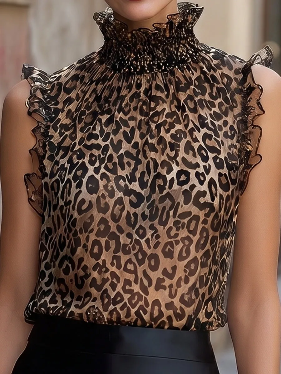 Leopard Mesh Mock-Neck Top & Faux Leather Mini Skirt Set sold by Mooyius product image thumbnail 3