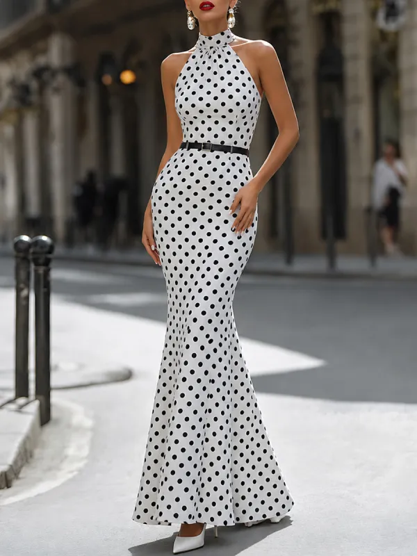 Polka Dot Halter Neck Mermaid Maxi Dress made by Mooyius