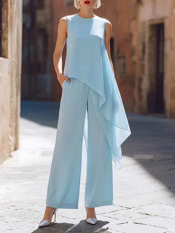 Asymmetric Chiffon Overlay Top & Wide-Leg Trousers Set made by Mooyius