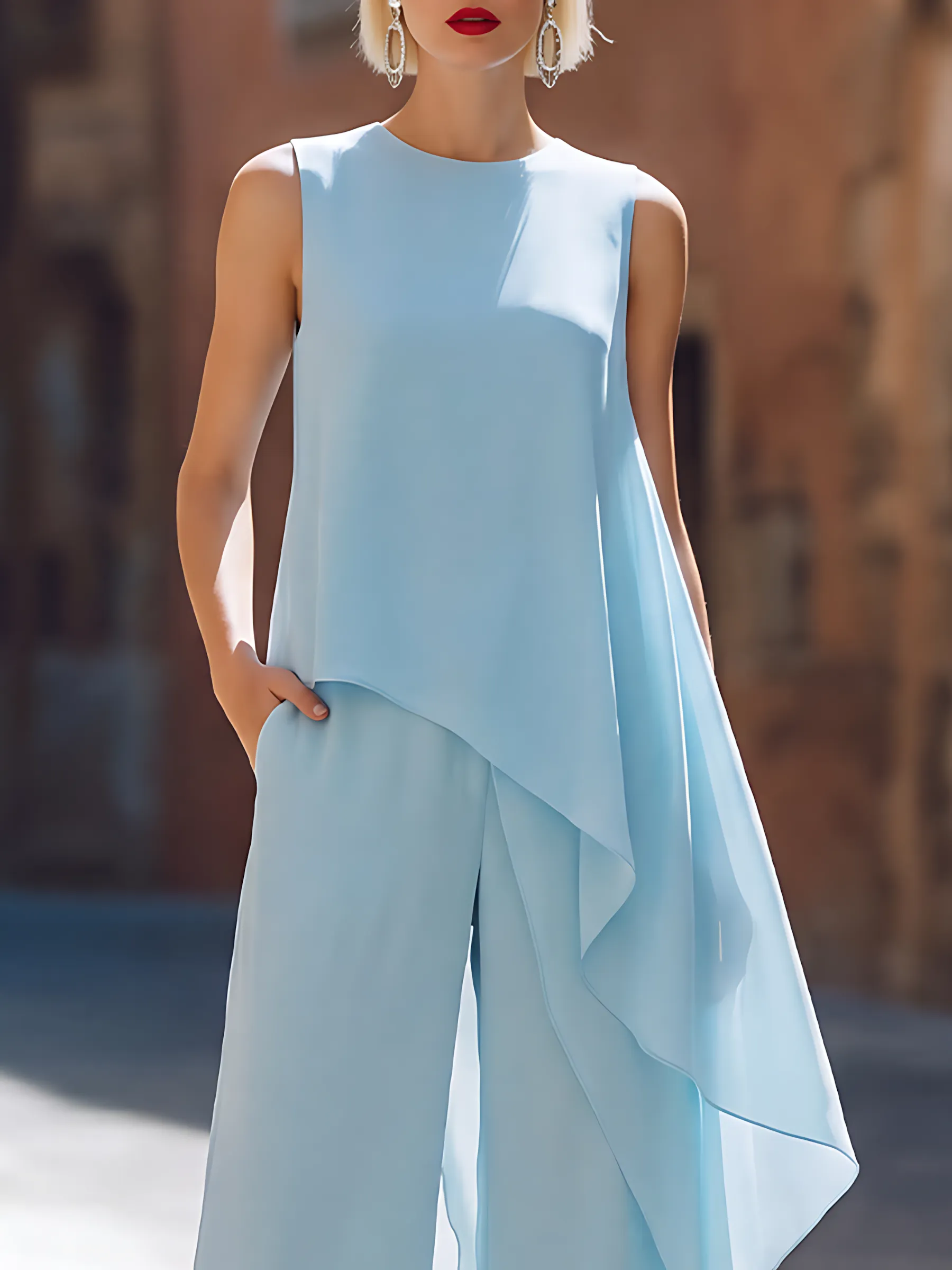 Asymmetric Chiffon Overlay Top & Wide-Leg Trousers Set sold by Mooyius product image thumbnail 3