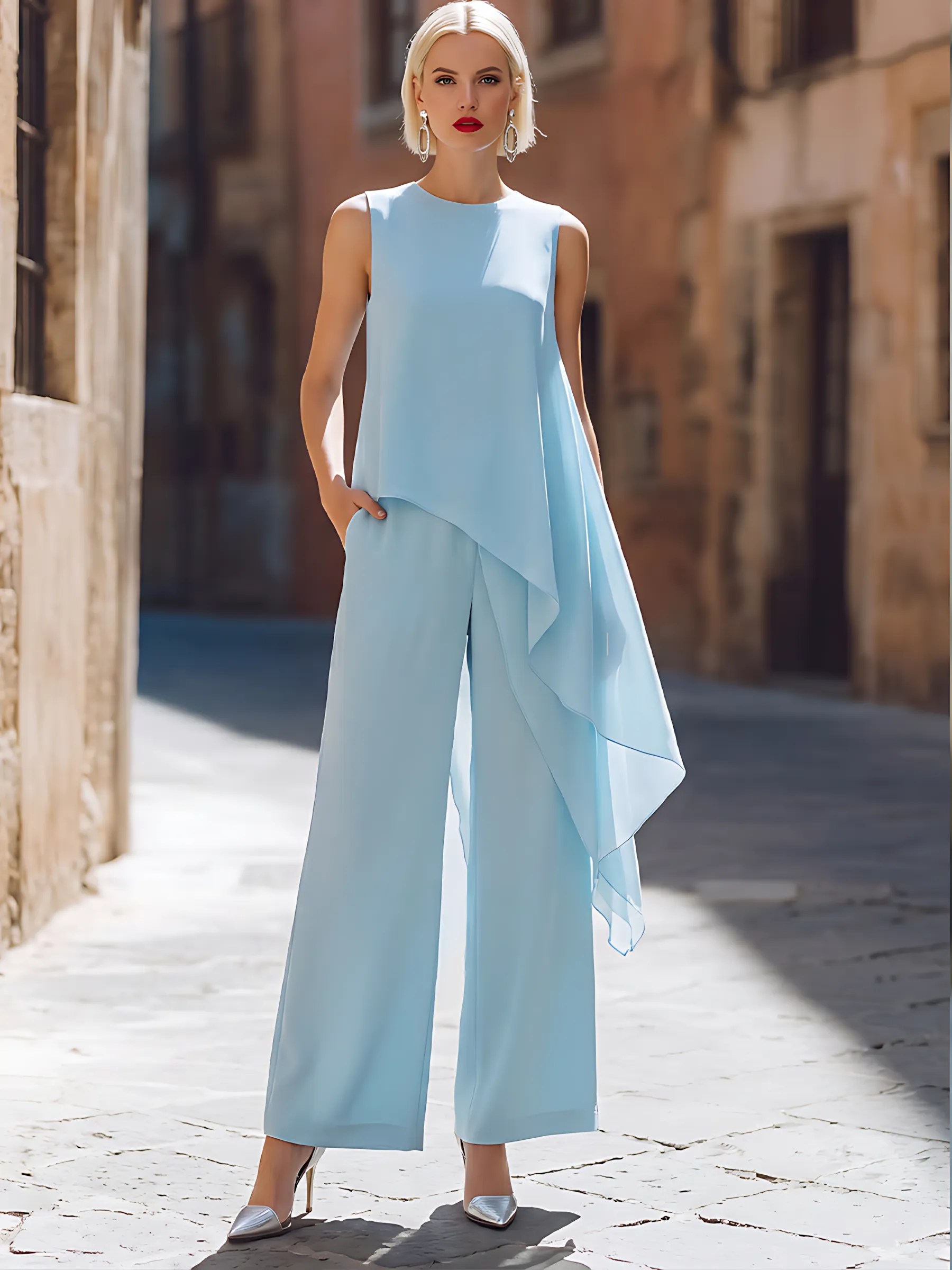 Asymmetric Chiffon Overlay Top & Wide-Leg Trousers Set sold by Mooyius product image thumbnail 2
