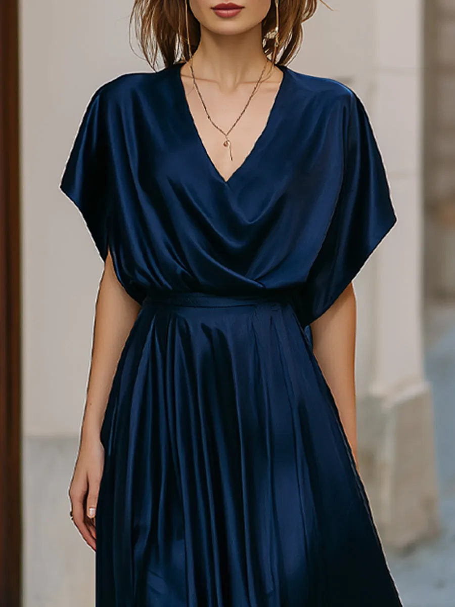 Draped V-Neck Satin Pleated Maxi Dress sold by Mooyius product image thumbnail 2