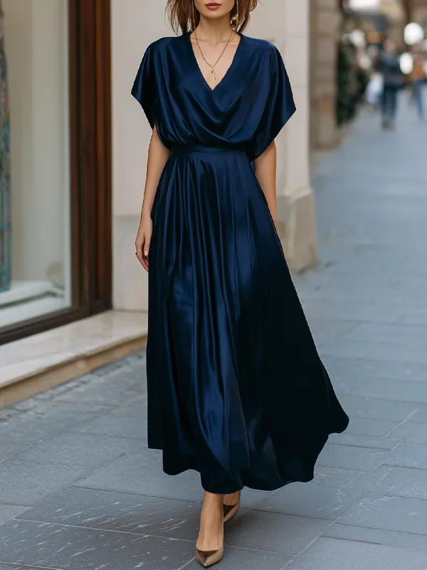 Draped V-Neck Satin Pleated Maxi Dress made by Mooyius