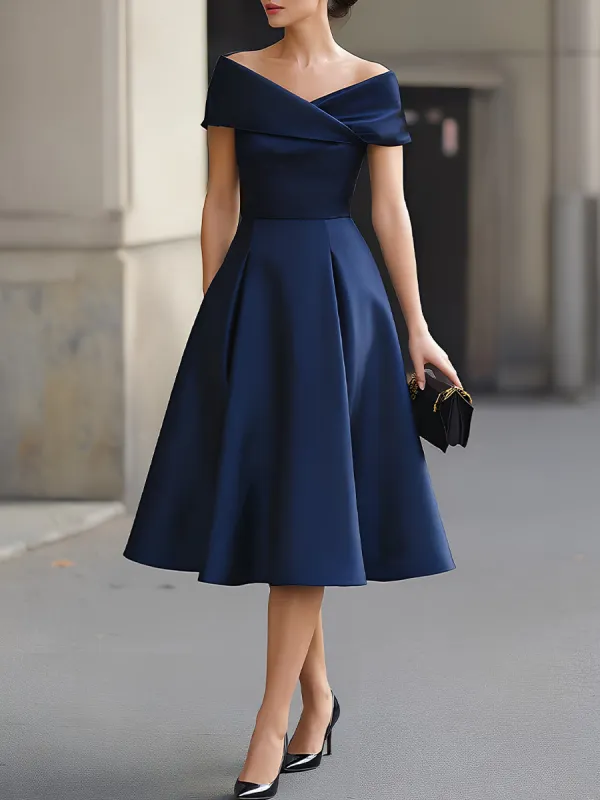 Off-the-Shoulder Fold Collar Satin Fit-and-Flare Midi Dress made by Something Navy