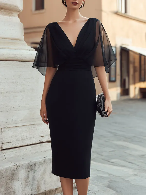 Sheer Cape Sleeve V-Neck Midi Dress made by Mooyius