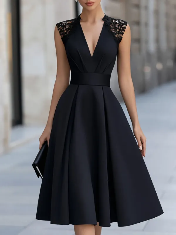 Lace Shoulder Flared A-Line Midi Dress made by Mooyius