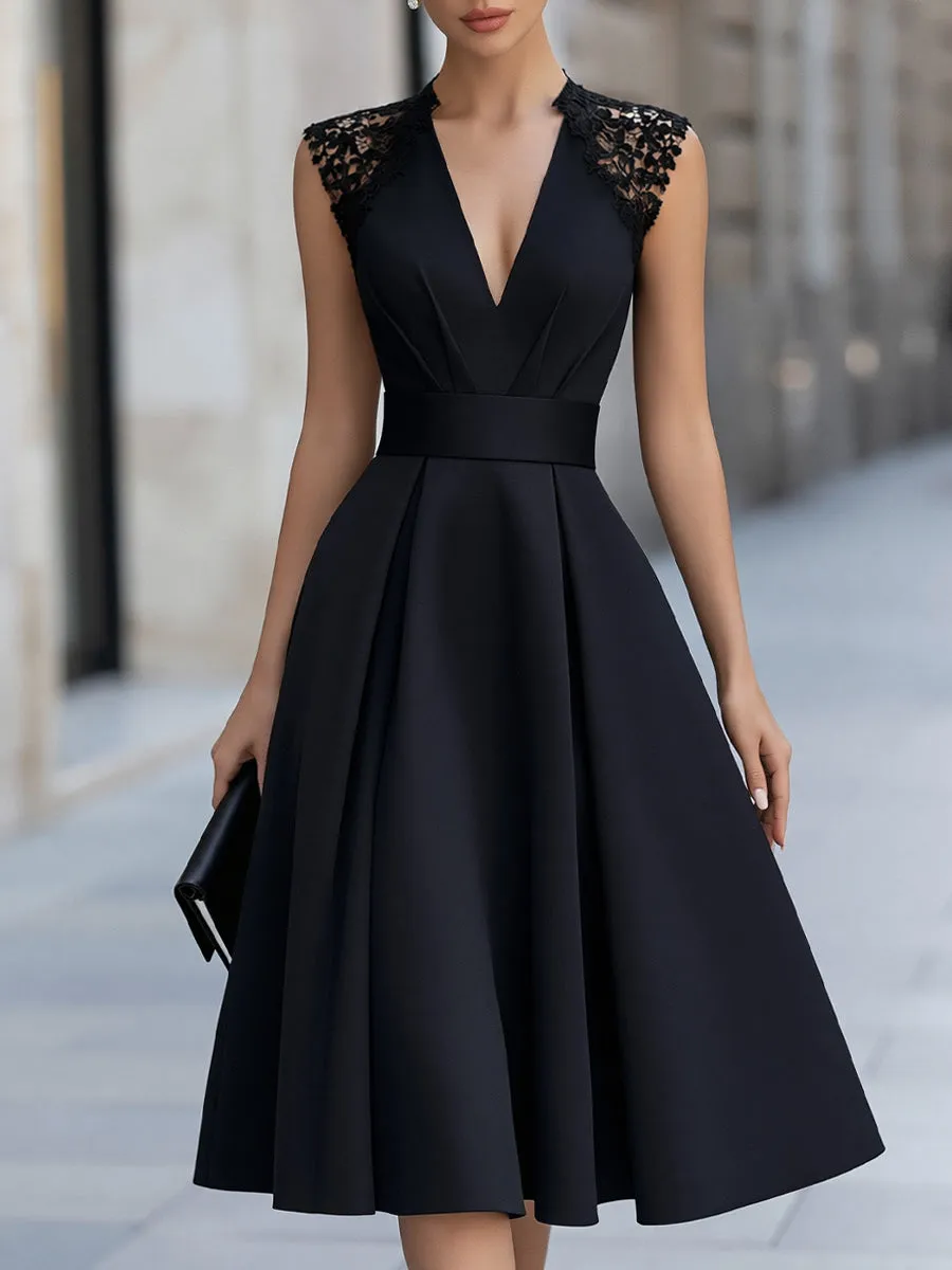 Lace Shoulder Flared A-Line Midi Dress sold by Mooyius