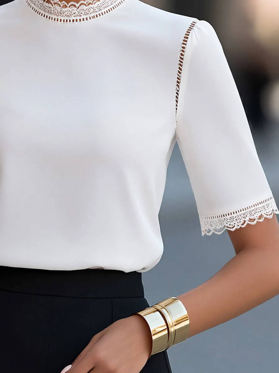 Elegant Lace-Trimmed Short Sleeve Blouse sold by Mooyius product image thumbnail 3