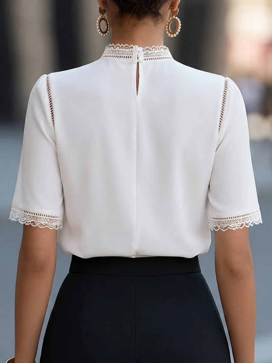 Elegant Lace-Trimmed Short Sleeve Blouse sold by Mooyius product image thumbnail 4