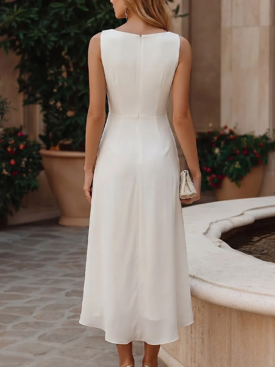 Elegant White Chiffon Midi Dress With Draped Detail sold by Mooyius product image thumbnail 5