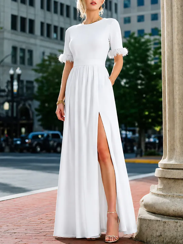 Short Sleeve Feather Trim Slit Maxi Dress made by Mooyius