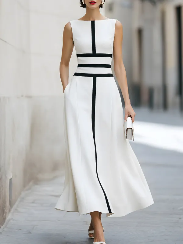 Color-blocked Striped Sleeveless Boat Neck Dress made by Mooyius