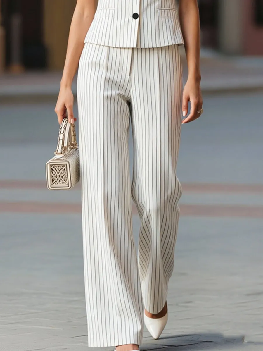 Pinstripe Short Sleeve Cropped Blazer & High Waist Wide Leg Pant Two-Piece Set sold by Mooyius product image thumbnail 4