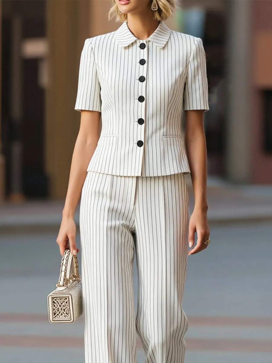 Pinstripe Short Sleeve Cropped Blazer & High Waist Wide Leg Pant Two-Piece Set sold by Mooyius product image thumbnail 3