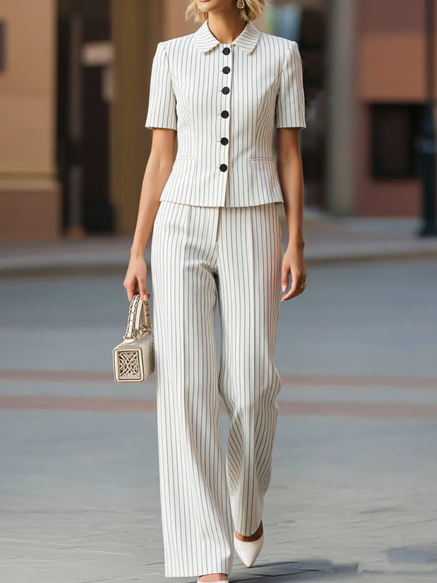 Pinstripe Short Sleeve Cropped Blazer & High Waist Wide Leg Pant Two-Piece Set sold by Mooyius