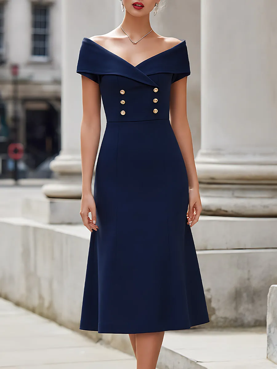 Sophisticated Off-Shoulder Double-Breasted Midi Dress sold by Mooyius