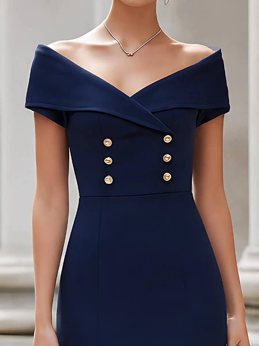 Sophisticated Off-Shoulder Double-Breasted Midi Dress sold by Mooyius product image thumbnail 2