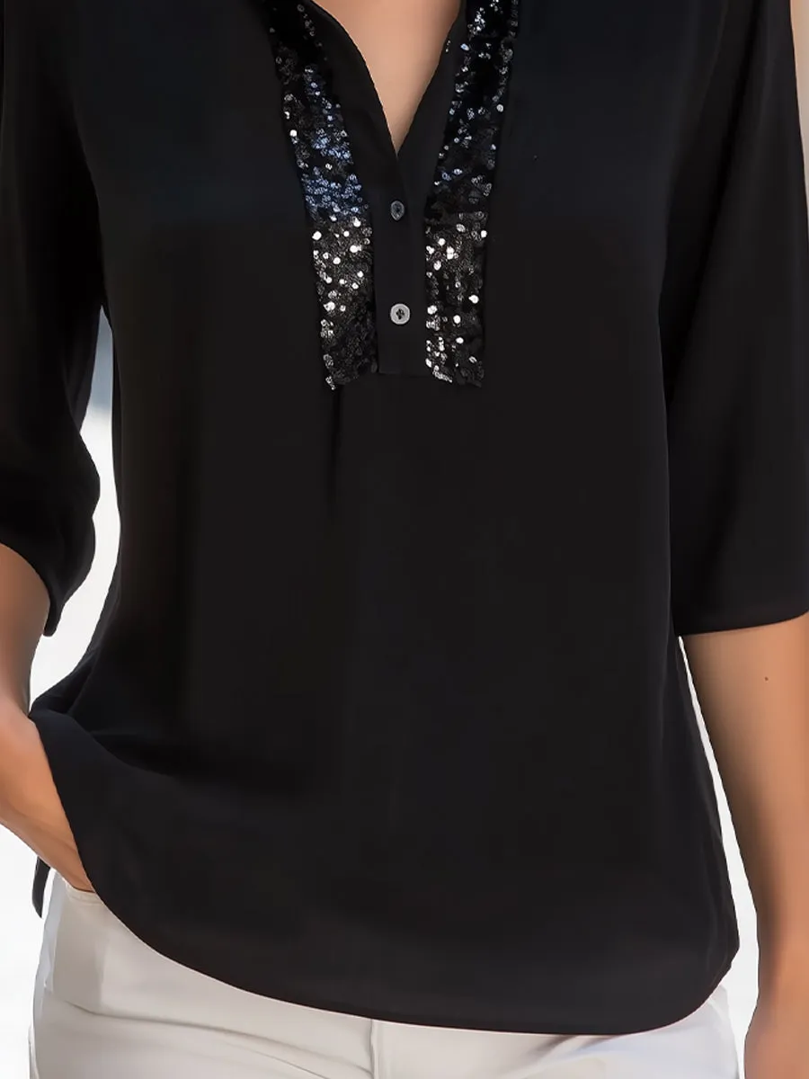 Sequin Placket 3/4 Sleeve Stand Collar Blouse sold by Mooyius product image thumbnail 4
