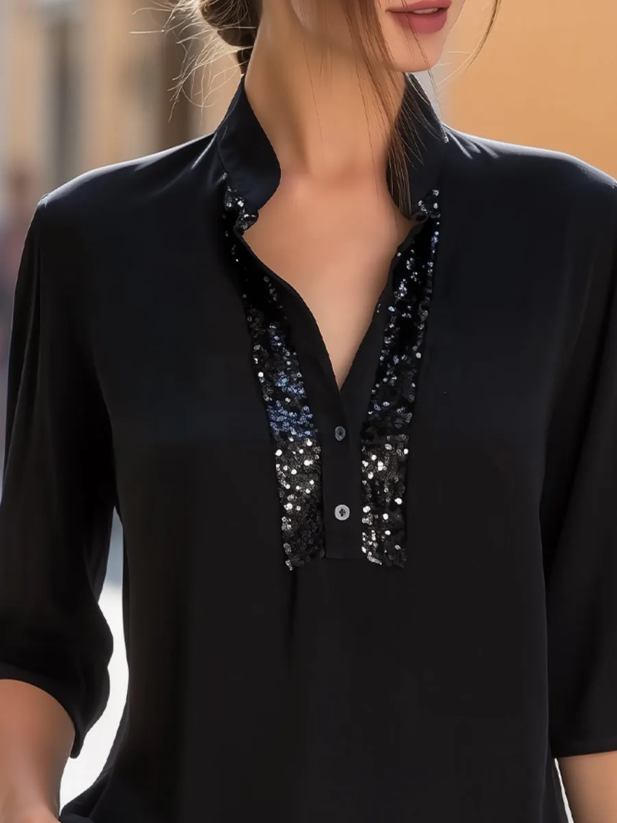 Sequin Placket 3/4 Sleeve Stand Collar Blouse sold by Mooyius product image thumbnail 3