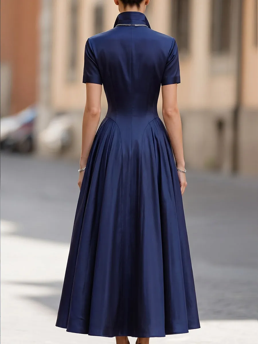 Satin Stand Collar A-Line Midi Dress With Button Front sold by Mooyius product image thumbnail 4