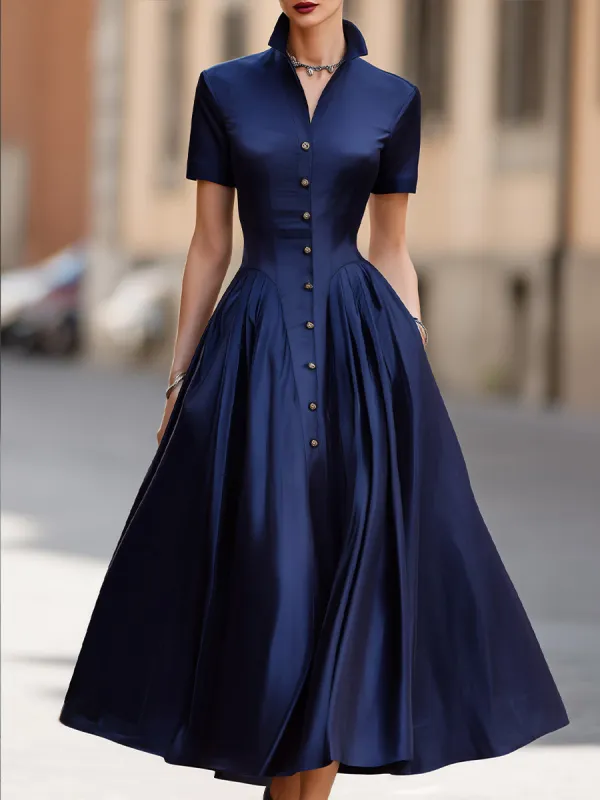 Satin Stand Collar A-Line Midi Dress With Button Front made by Mooyius