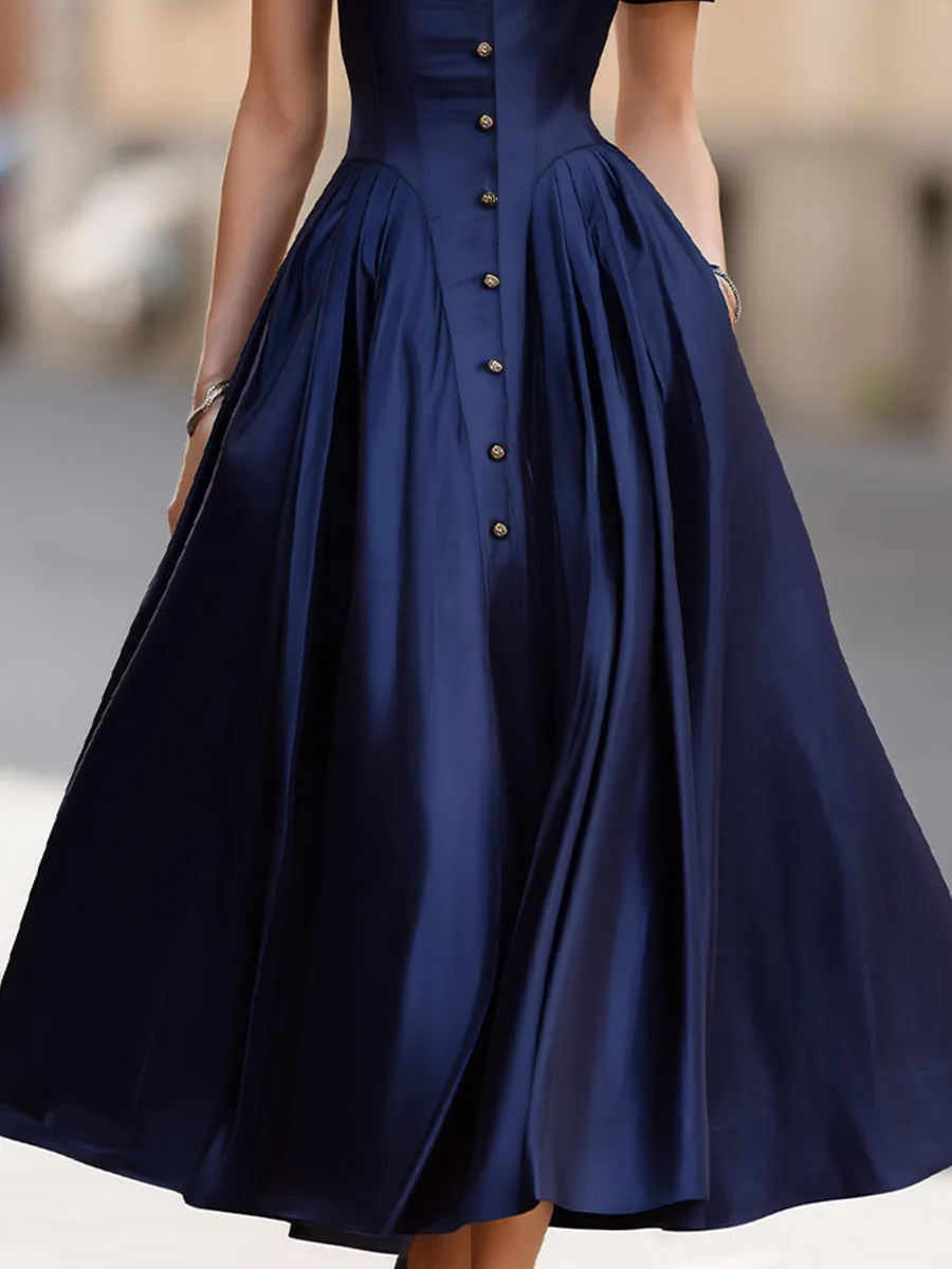 Satin Stand Collar A-Line Midi Dress With Button Front sold by Mooyius product image thumbnail 3