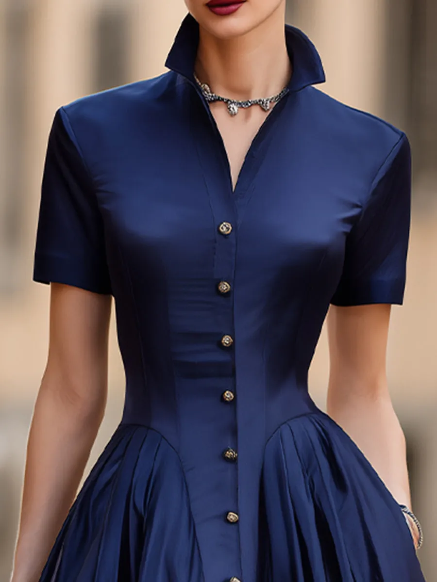 Satin Stand Collar A-Line Midi Dress With Button Front sold by Mooyius product image thumbnail 2
