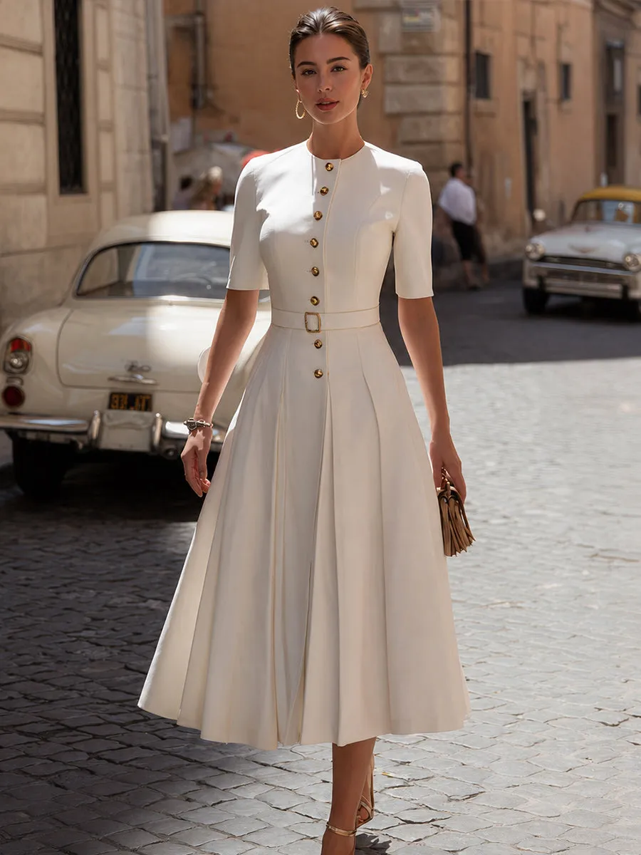 Vintage-Inspired Crepe Midi Dress With Button Front & Belted Waist sold by Mooyius product image thumbnail 2