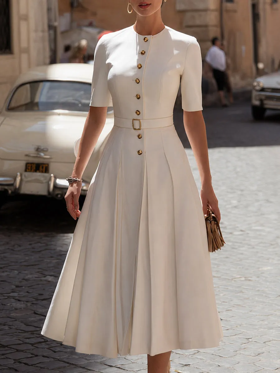 Vintage-Inspired Crepe Midi Dress With Button Front & Belted Waist sold by Mooyius