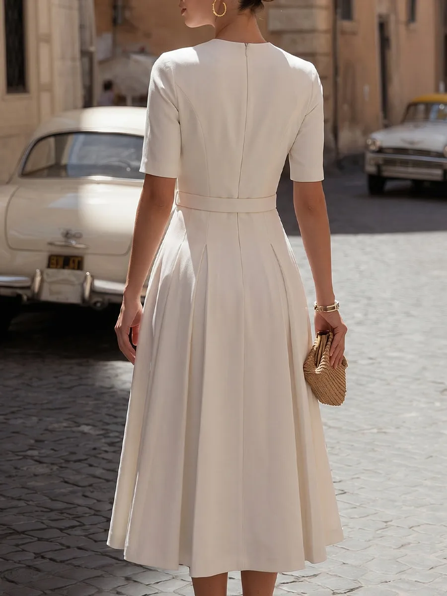 Vintage-Inspired Crepe Midi Dress With Button Front & Belted Waist sold by Mooyius product image thumbnail 5