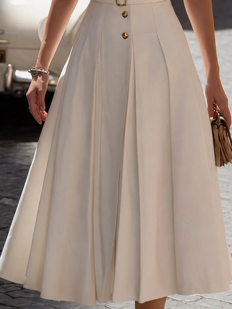 Vintage-Inspired Crepe Midi Dress With Button Front & Belted Waist sold by Mooyius product image thumbnail 4