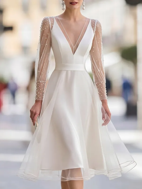 Pearl-Embellished Sheer Tulle Sleeve A-Line Midi Dress made by Mooyius
