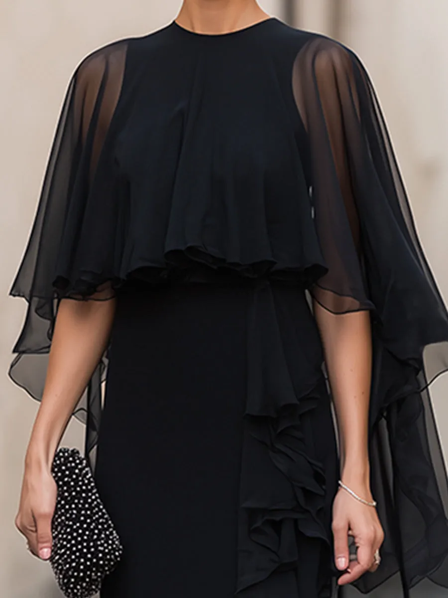 Chiffon Cape Overlay Ruffle Slit Maxi Dress sold by Mooyius product image thumbnail 3