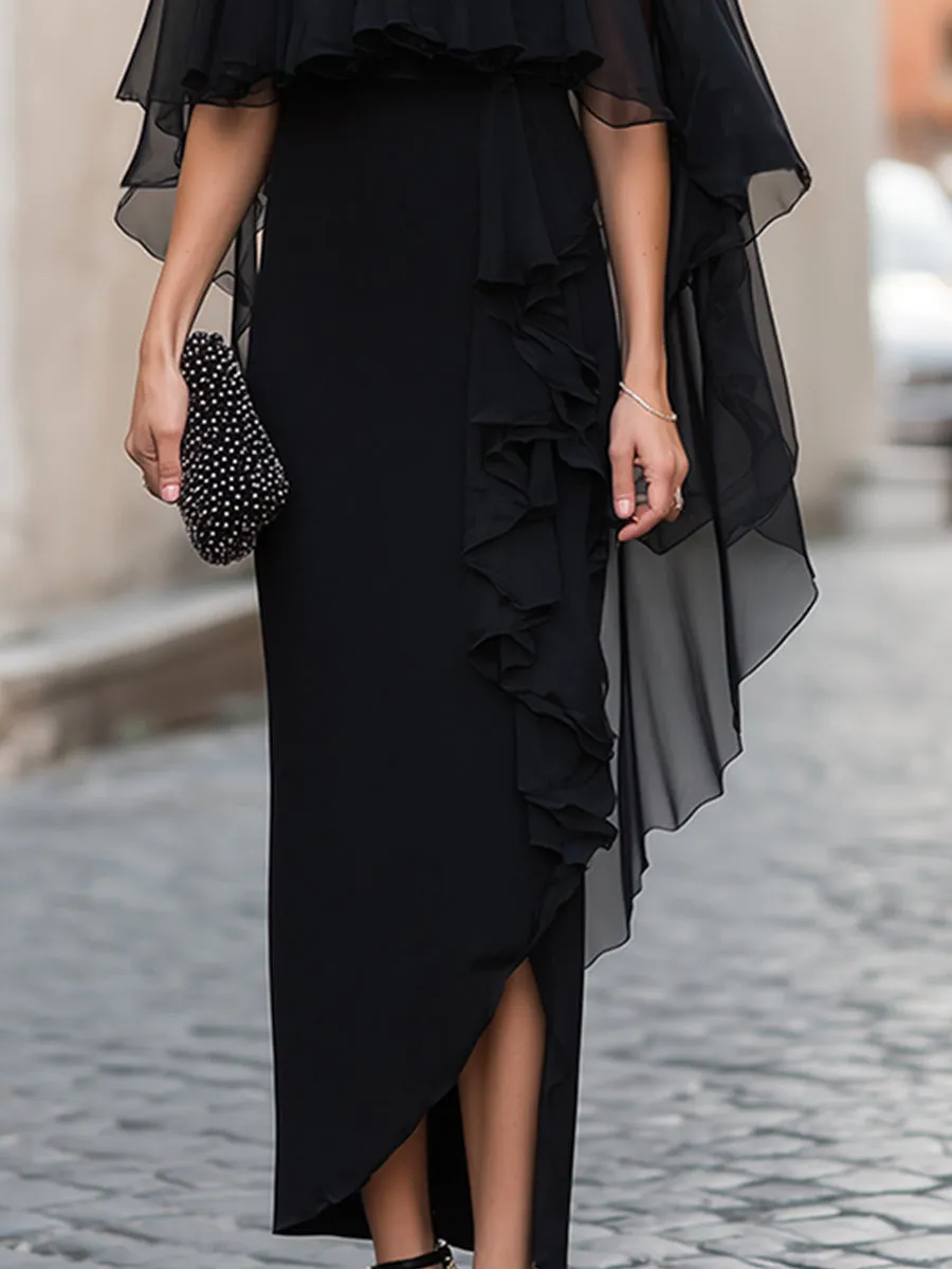 Chiffon Cape Overlay Ruffle Slit Maxi Dress sold by Mooyius product image thumbnail 4