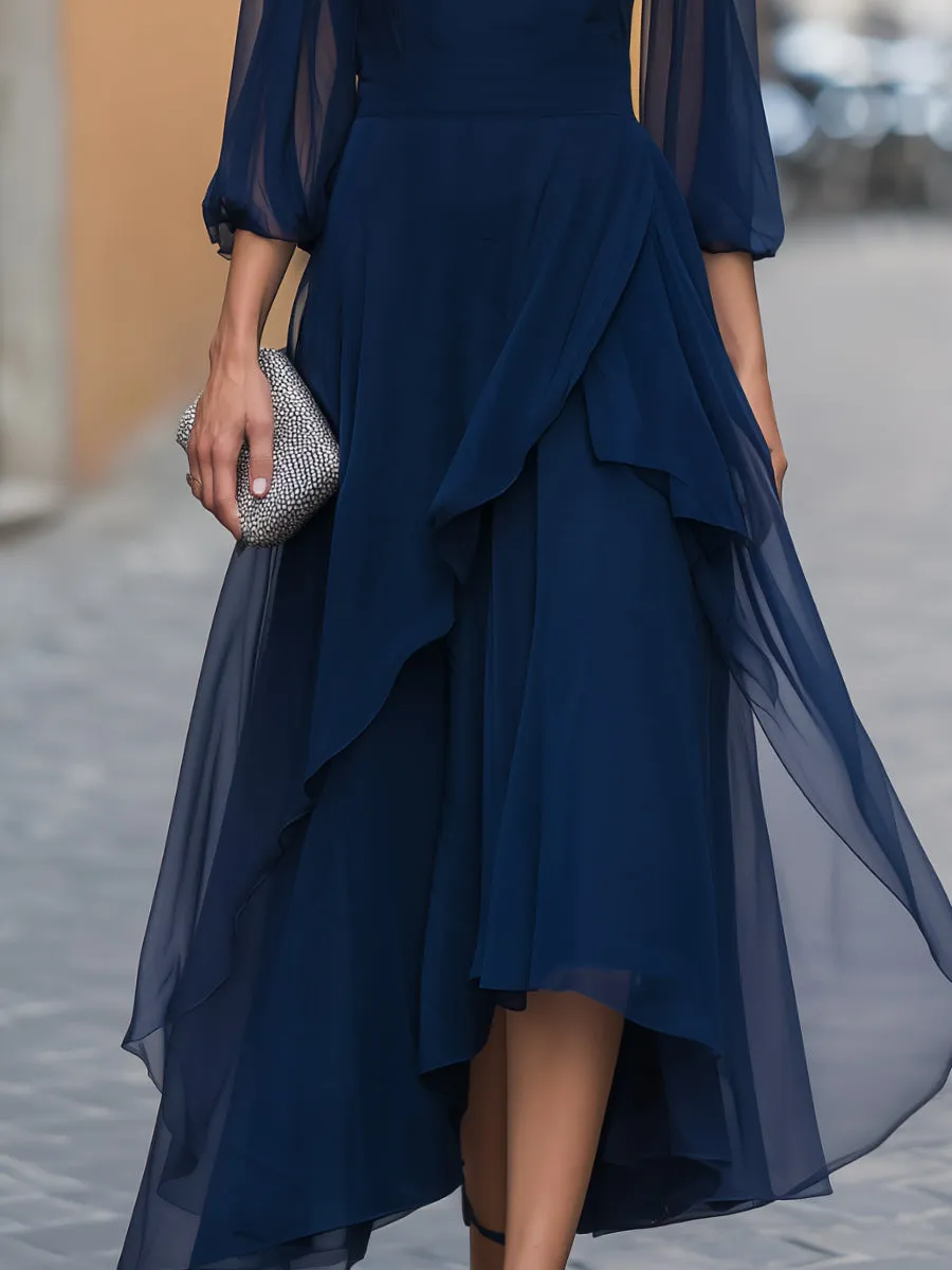 Chiffon Square Neck High-Low A-Line Midi Dress sold by Mooyius product image thumbnail 4