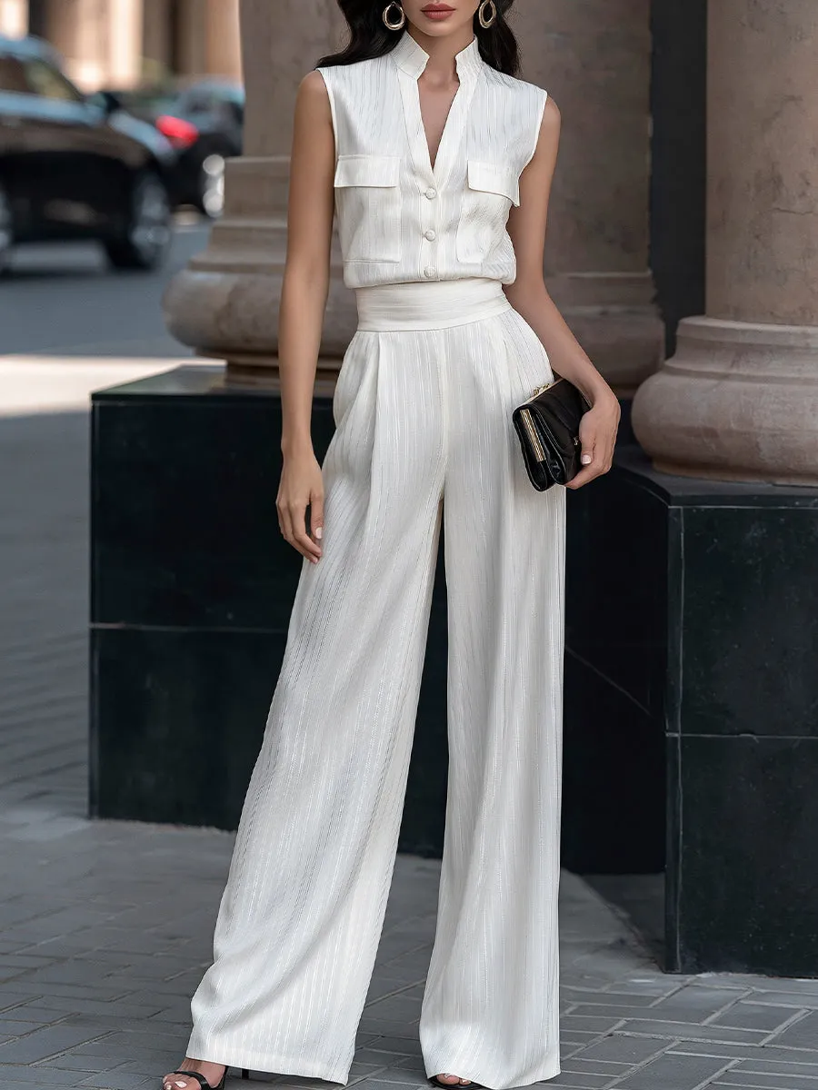 Striped Satin V-neck Top And Wide-Leg Pants Set sold by Mooyius